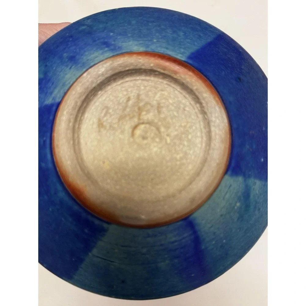 Vintage Handmade Earthenware Serving Bowl‎ In Aqua And Blue 8.5 In